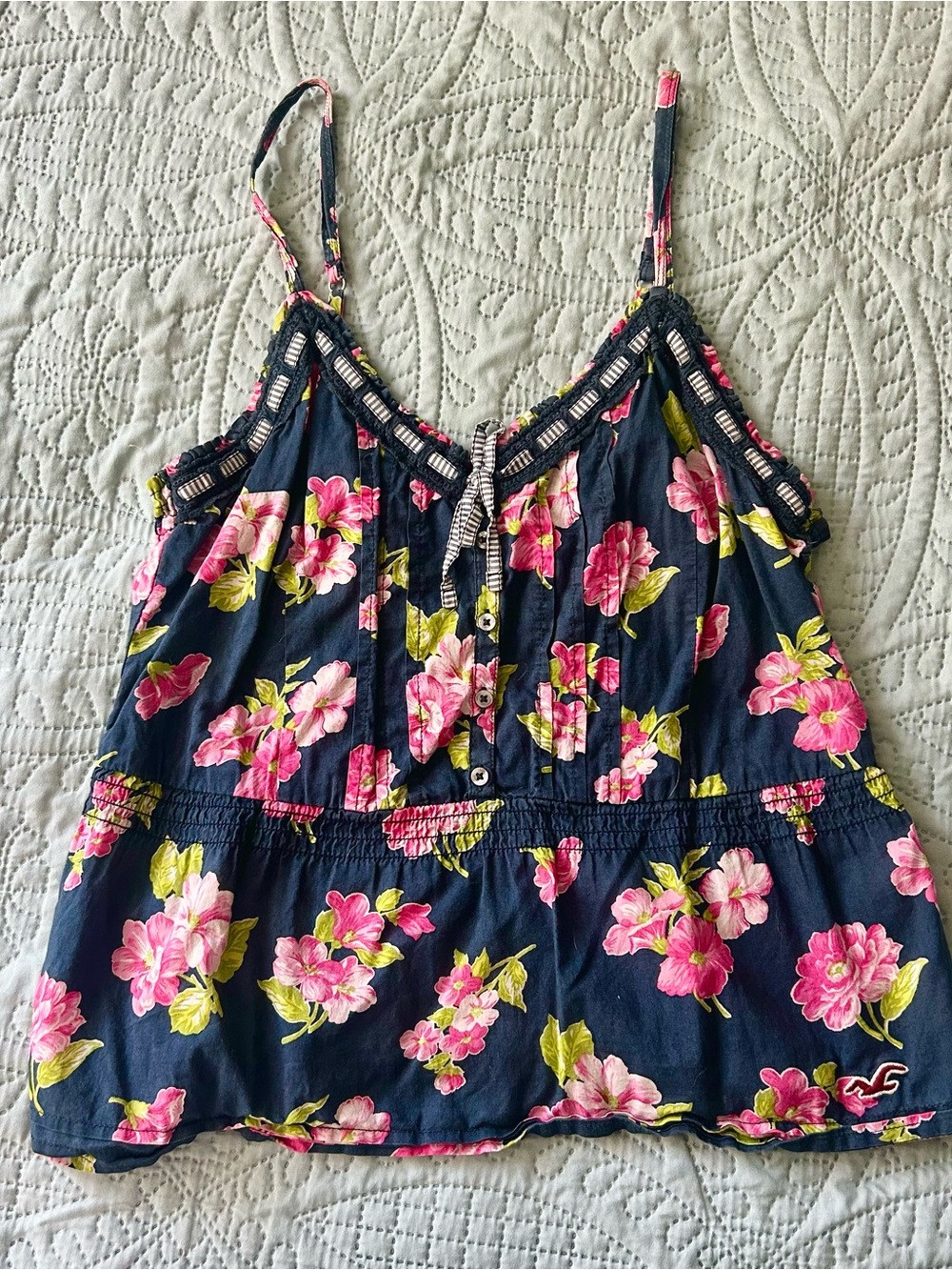 Hollister Dark Blue Floral Tank with Pink Blooms